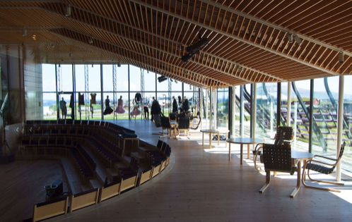 Scandinavian style chairs and tables with a view of the cith of Tórshavn in the Faroe Islands Nordic House